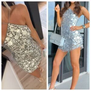 NWT Lovers and Friends Mini Dress Quinn Silver Sequin Paillete Halter size XL